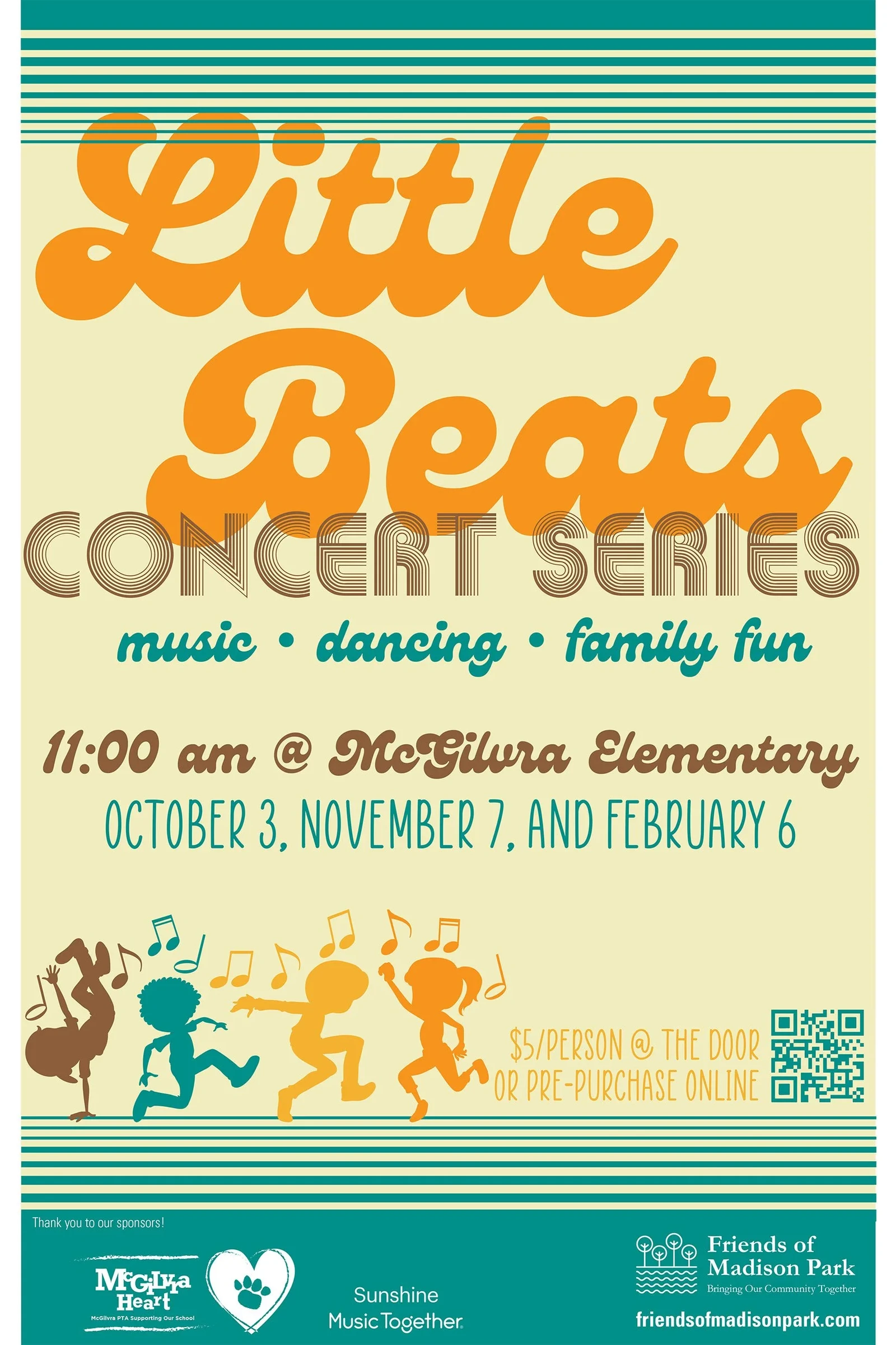 Little Beats 2026–27 concert poster with dates, McGilvra Elementary venue, $5 door admission, and sponsor acknowledgements