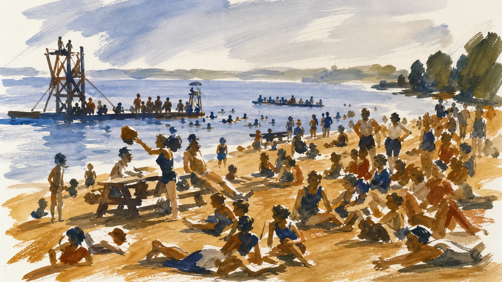 Watercolor interpretation of historical Madison Park Beach with swimmers, families, boats, and offshore diving structures