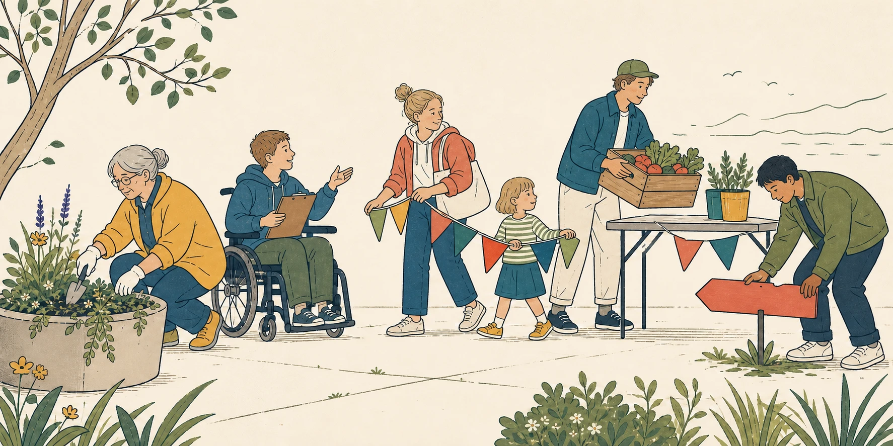 Illustration of neighbors gardening, coordinating, carrying decorations, and setting up a market table